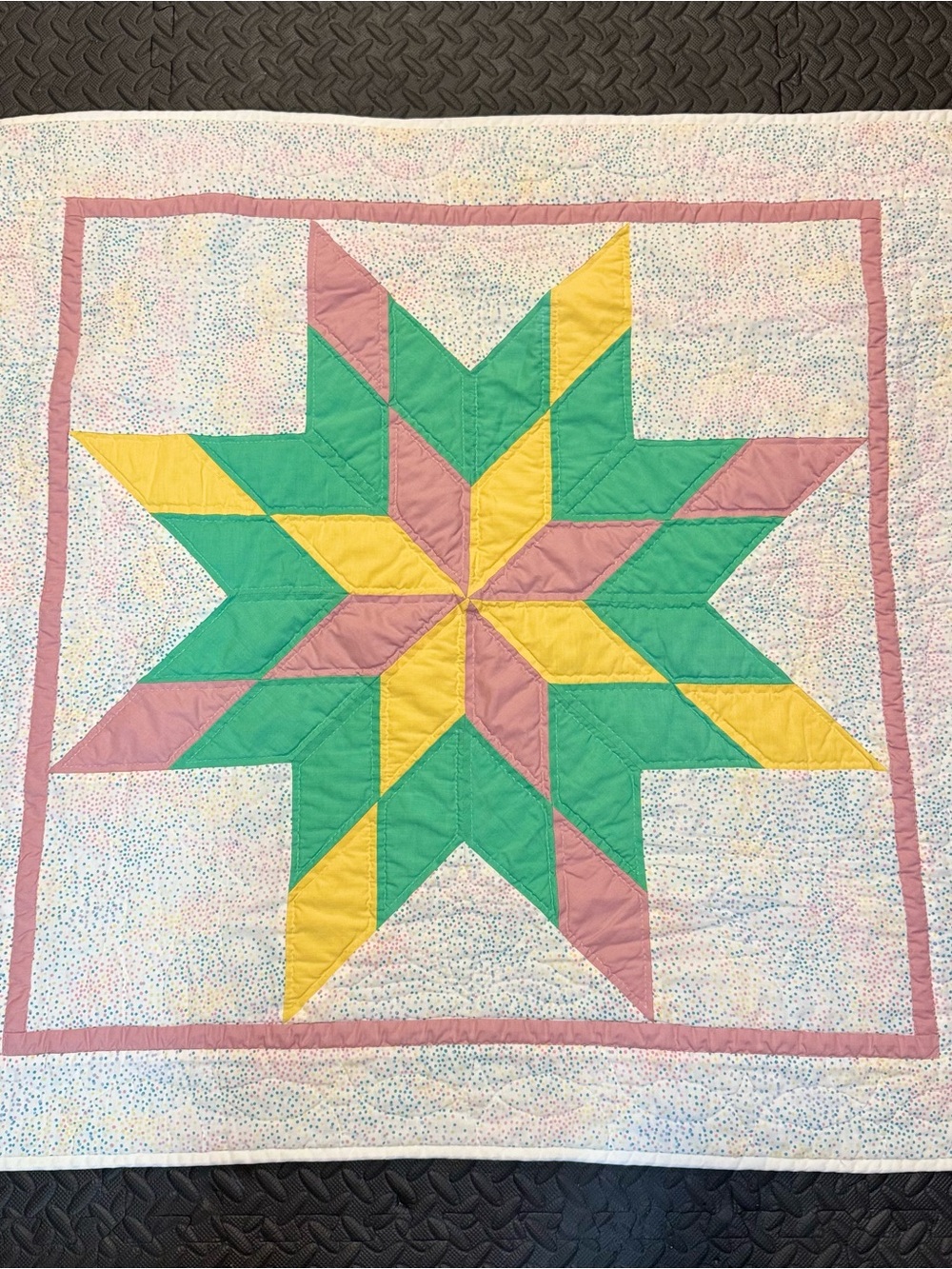 Vintage Handmade Lone Star Baby Quilt 38” Pastel Pink Yellow Green Cottagecore